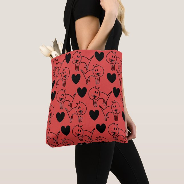 Illustrated Cats and Hearts Red Pattern Tote Bag (Close Up)