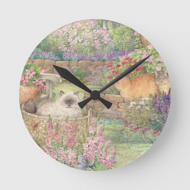 Illustrated Cats in Garden Round Clock (Front)