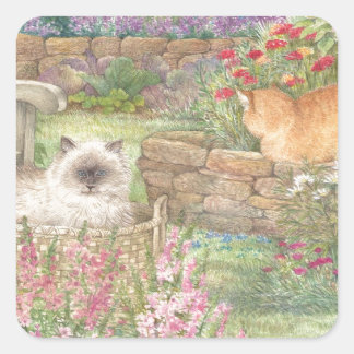 illustrated cats in garden square sticker