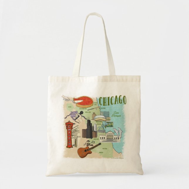 Illustrated Chicago Map Tote Bag (Front)