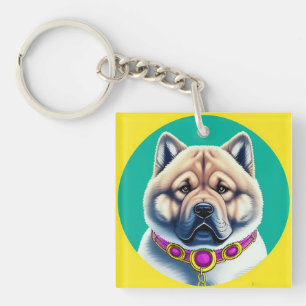 Illustrated Chow Chow Dog with Decorative Collar Key Ring