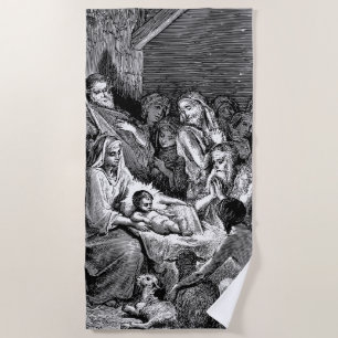 Illustrated Christmas Nativity Scene Beach Towel