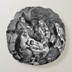 Illustrated Christmas Nativity Scene Round Cushion