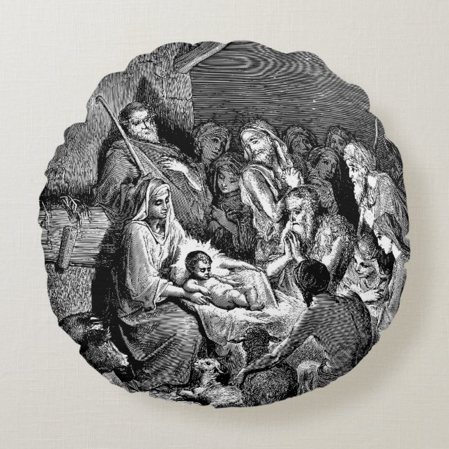Illustrated Christmas Nativity Scene Round Cushion (Front)