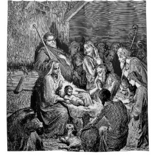 Illustrated Christmas Nativity Scene Shower Curtain