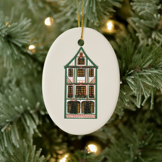 Illustrated Christmas Timber Frame House Photo Ceramic Tree Decoration (Tree)