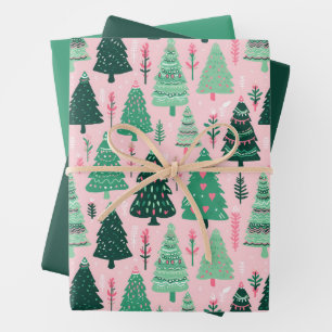 Illustrated Christmas Tree Green & Pink Wrapping Paper Sheet