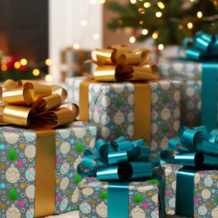 Illustrated Christmas Trees & Cute Ornaments Wrapping Paper