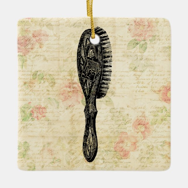Illustrated Classic Womens Hair Brush Floral Art Ceramic Ornament (Front)
