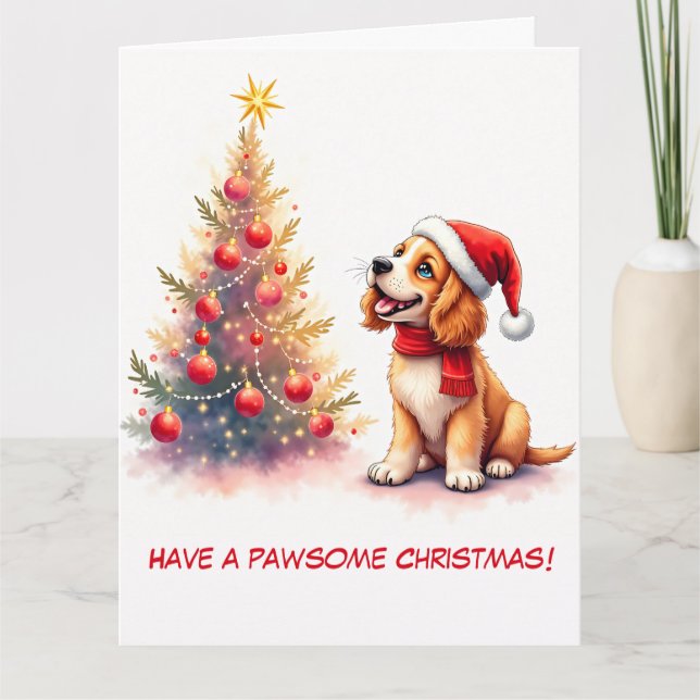Illustrated Cocker Spaniel and Christmas Tree Card (Front)