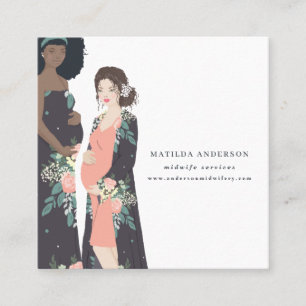 Illustrated colourful + floral midwife square business card