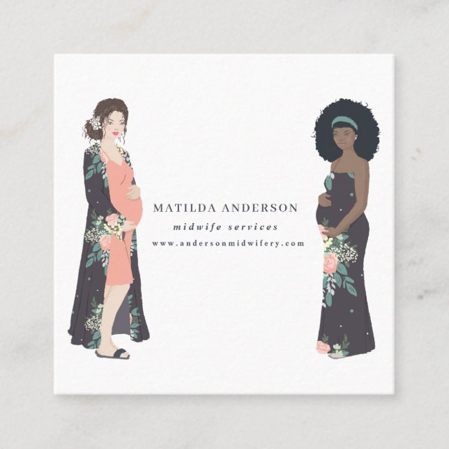 Illustrated colourful + floral midwife square business card (Front)