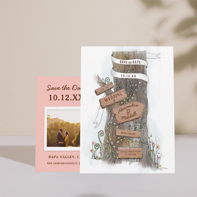 Illustrated Country Tree Trunk Save the Date Announcement Postcard (Creator Uploaded)