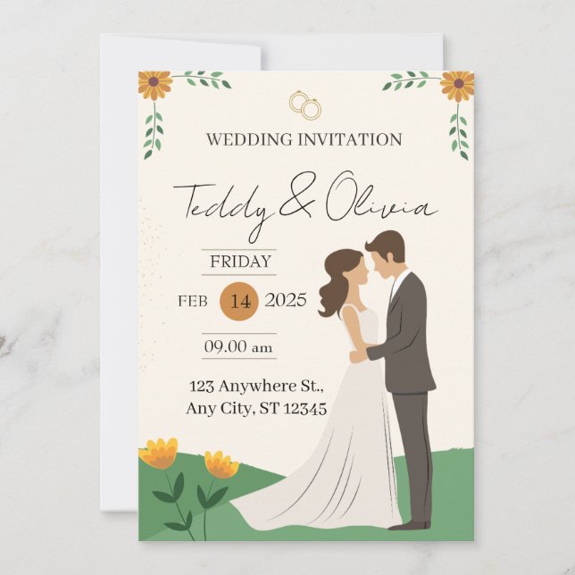 Illustrated Couple Floral Wedding Invitation Card (Front)