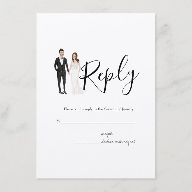 Illustrated Couple RSVP Wedding Enclosure Card (Front)