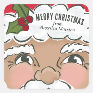 Illustrated Cute Santa Face Holiday Square Sticker