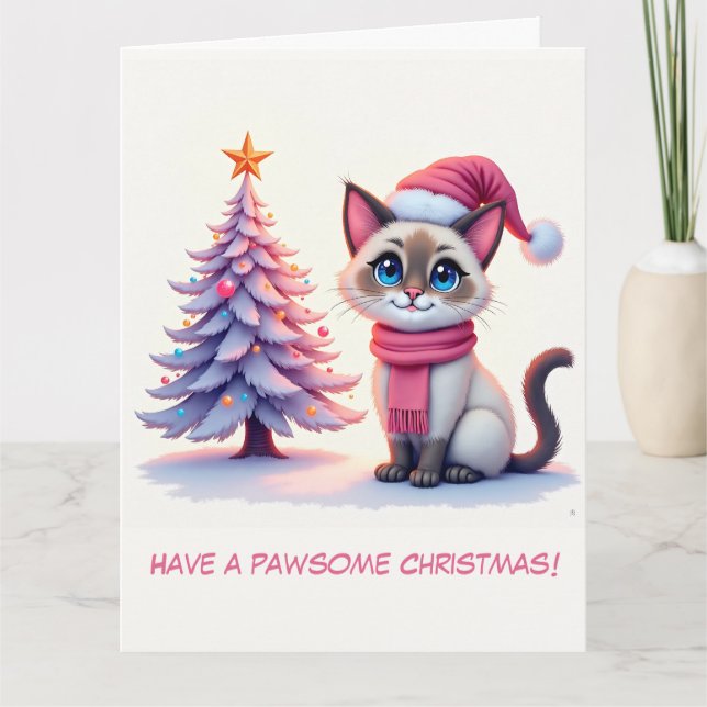 Illustrated Cute Siamese Cat and Christmas Tree Card (Front)