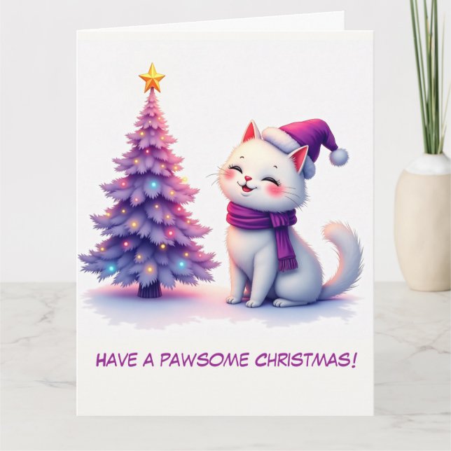 Illustrated Cute White Cat and Christmas Tree Card (Front)