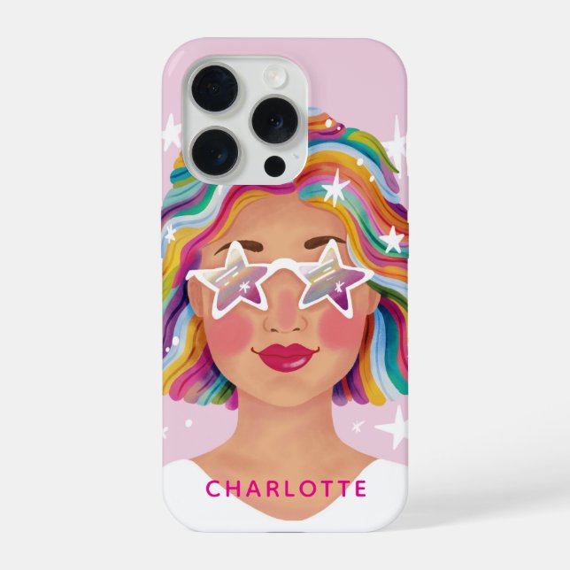 Illustrated Cute Woman Girl Rainbow Personalised iPhone Case (Back)