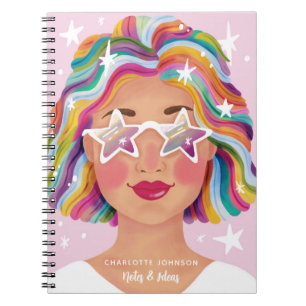 Illustrated Cute Woman Girl Rainbow Personalised Notebook
