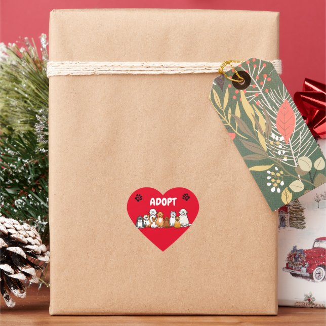 Illustrated dogs with adopt text heart sticker (Holiday)