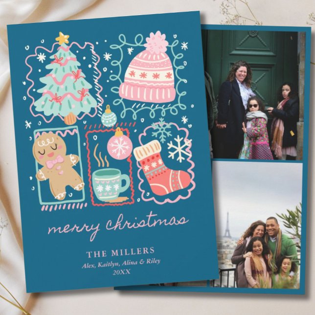 Illustrated Doodle Blue Xmas Gingerbread 3 Photo Holiday Card (Illustrated Doodle Blue Xmas Gingerbread 3 Photo Holiday Card
)