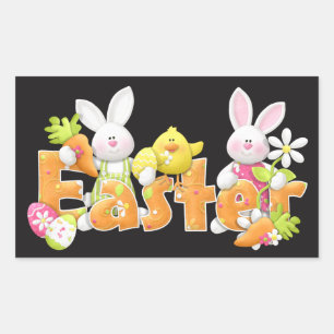 Illustrated Easter Bunnies and chick Rectangular Sticker