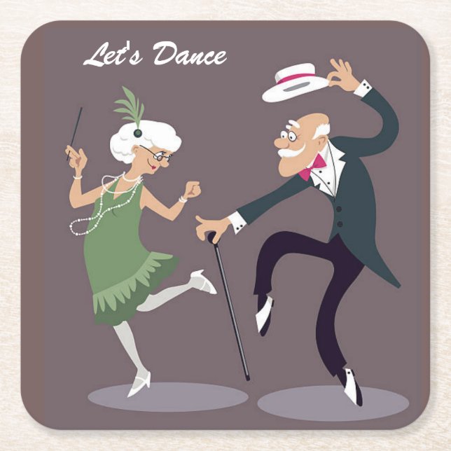 Illustrated Elder Couple Dancing Square Paper Coaster (Front)