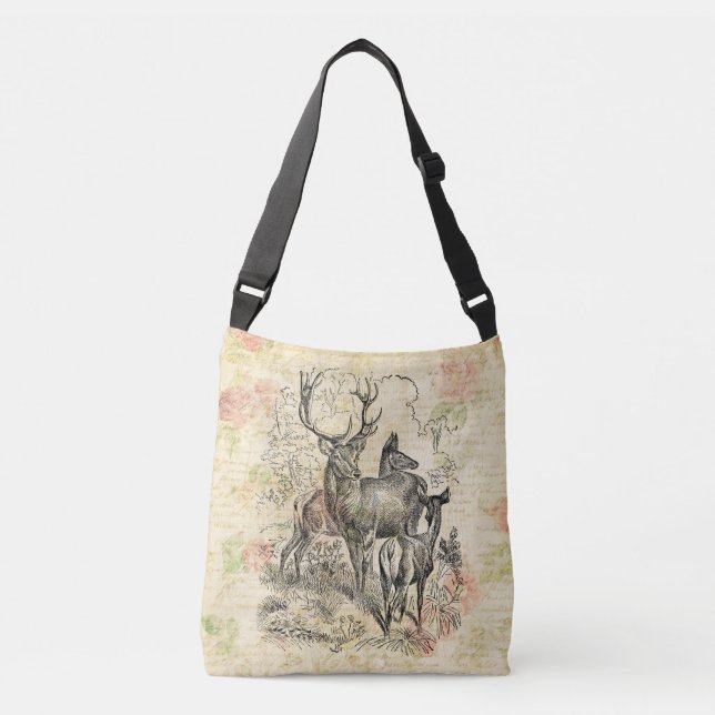 Illustrated Family of Deer Pretty Floral Script Crossbody Bag (Front)