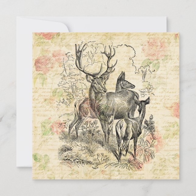 Illustrated Family of Deer Pretty Floral Script Holiday Card (Front)