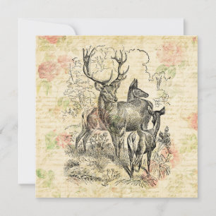 Illustrated Family of Deer Pretty Floral Script Holiday Card