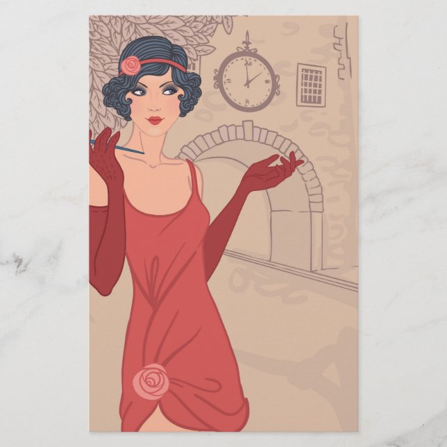 Illustrated Flapper Girl Stationery (Front)
