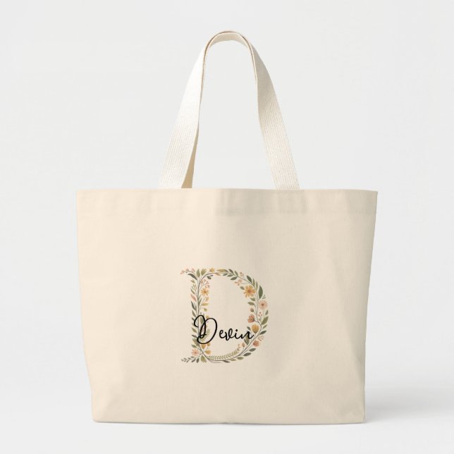 Illustrated Floral Initial and Name Tote Bag (Front)