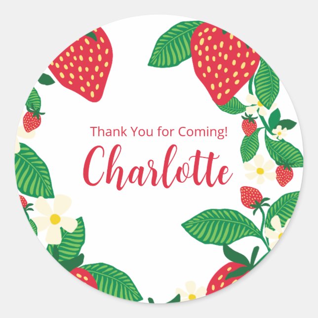 Illustrated Floral Strawberry  Classic Round Sticker (Front)