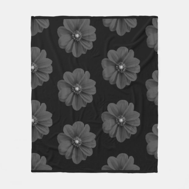 "Illustrated Flower in Black Grey Pattern" Fleece Blanket (Front)
