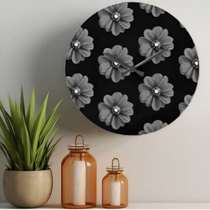"Illustrated Flower in Black Grey Pattern" Large Clock