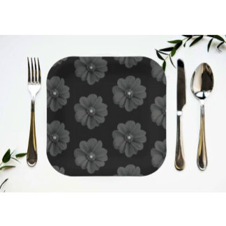 "Illustrated Flower in Black Grey Pattern" Paper Plate