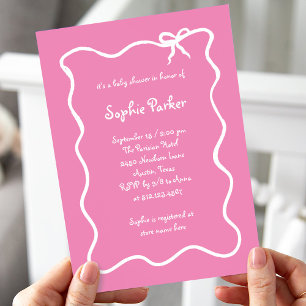  Illustrated French Bow Pink and White Baby Shower Invitation