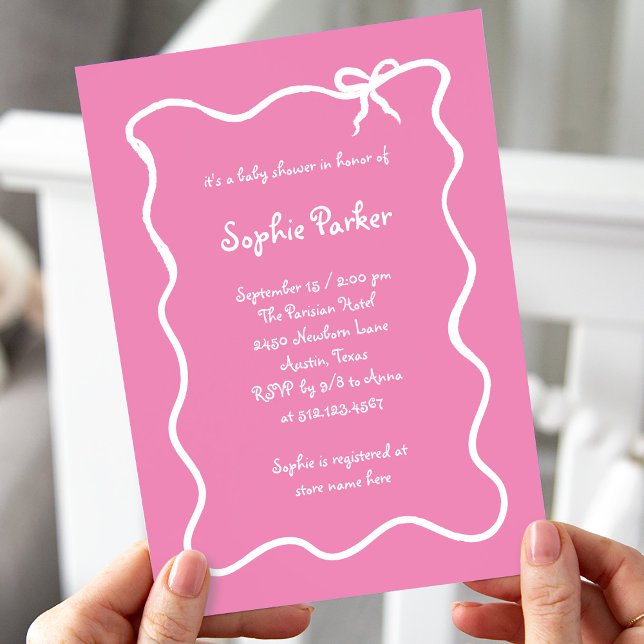  Illustrated French Bow Pink and White Baby Shower Invitation (Creator Uploaded)