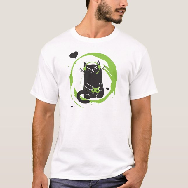 Illustrated Gamer Cat T-Shirt (Front)