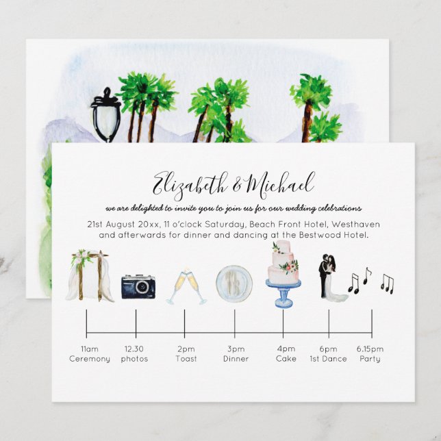 Illustrated Garden Wedding Timeline Invitation (Front/Back)