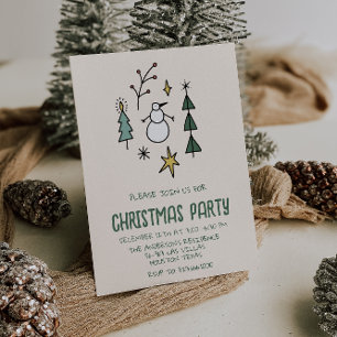 Illustrated Green Christmas Trees Snowman Party Invitation