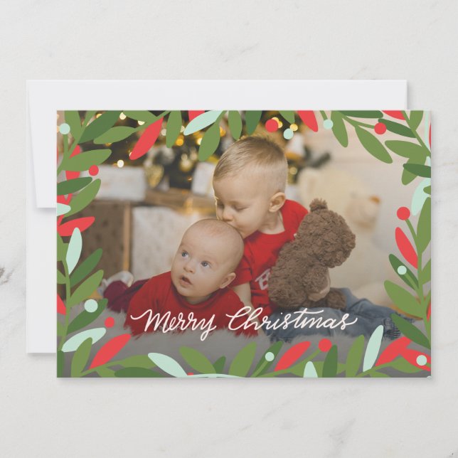 Illustrated Green Christmas Wreath Flat Photo Card (Front)