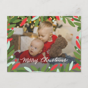 Illustrated Green Christmas Wreath Photo Post Card