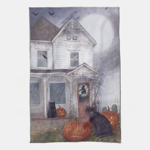Illustrated Halloween Hauted House with Black Cat Tea Towel