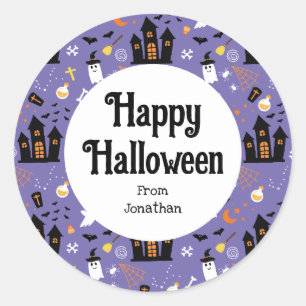 Illustrated Halloween Pattern with purple Classic Round Sticker