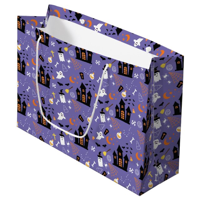 Illustrated Halloween Pattern with purple Large Gift Bag (Front Angled)