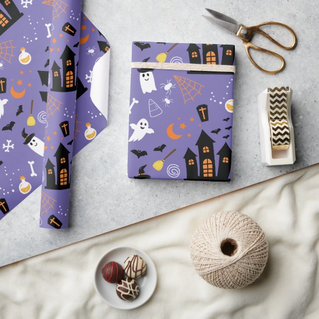 Illustrated Halloween Pattern with Purple Wrapping Paper (Crafts)