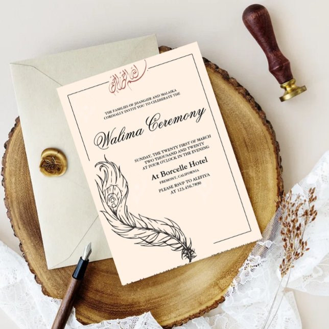 illustrated handdrawn peacock Arabian Walima Invitation (illustrated handdrawn peacock border walima cermony invitation card)