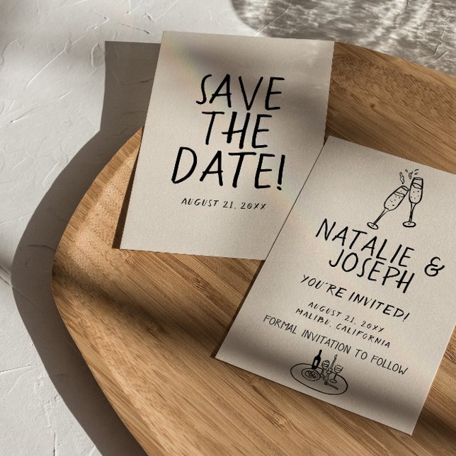 Illustrated Handwritten Retro Quirky Fun Wedding Save The Date (Creator Uploaded)